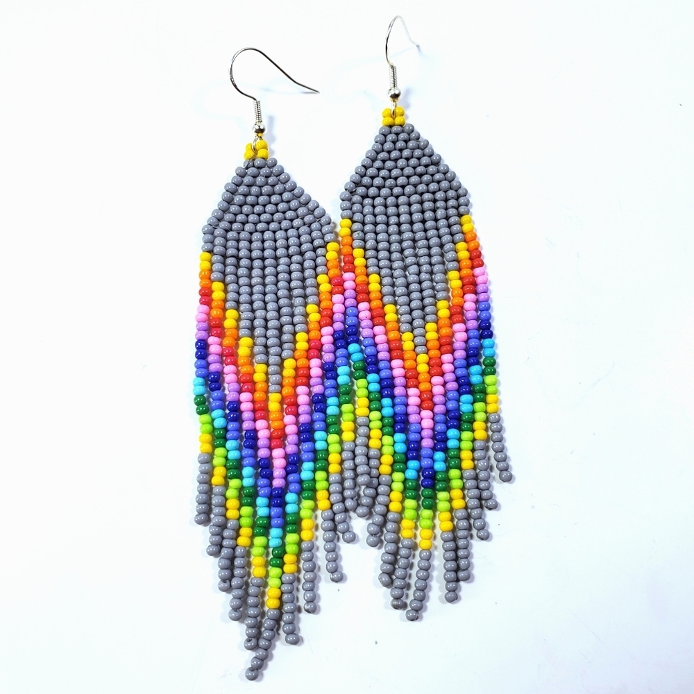 🌈 Grey Rainbow Long Fringe Seed Bead Earrings
